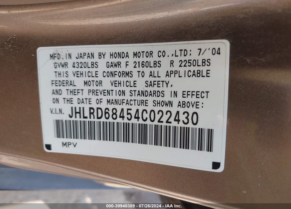 2004 HONDA CR-V LX VIN: JHLRD68454C022430