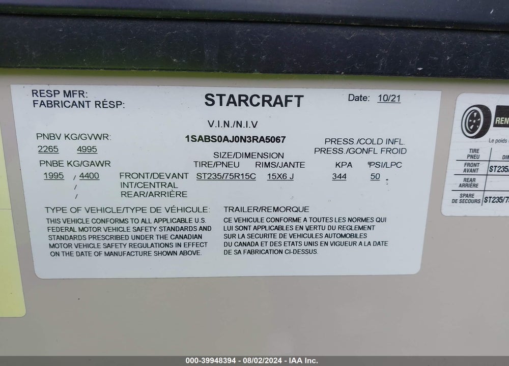 2022 STARCRAFT SUPER LITE MAXX TRAVEL TRAILER VIN: 1SABS0AJ0N3RA5067
