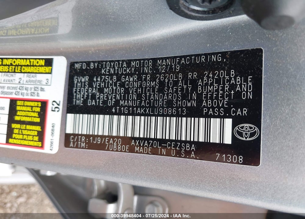 2020 TOYOTA CAMRY SE/SE NIGHTSHADE EDITION VIN: 4T1G11AKXLU908613