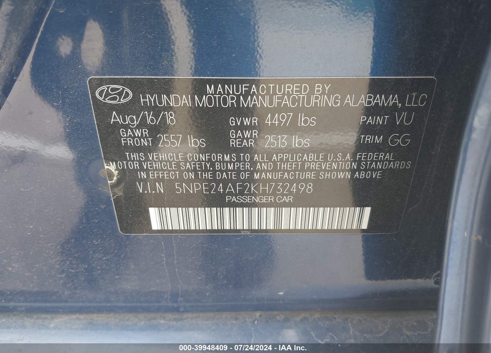 2019 HYUNDAI SONATA SE VIN: 5NPE24AF2KH732498