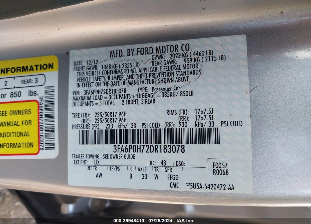 2013 FORD FUSION SE VIN: 3FA6P0H72DR183078