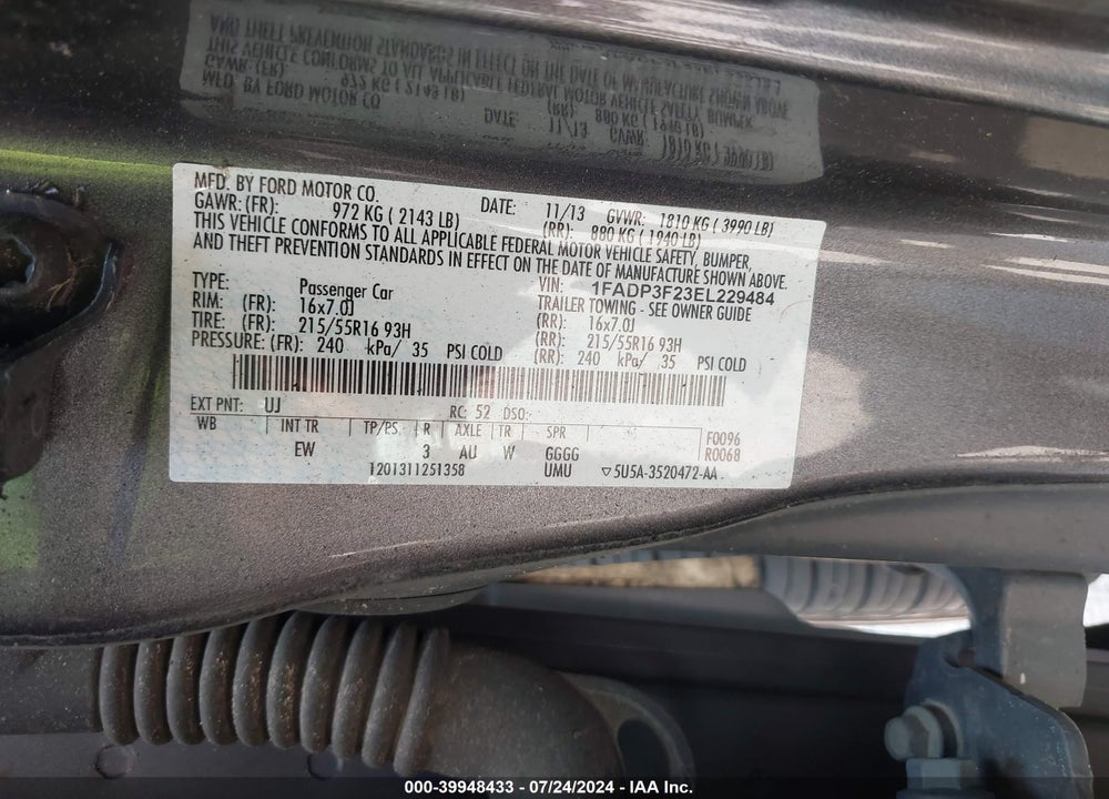 2014 FORD FOCUS SE VIN: 1FADP3F23EL229484