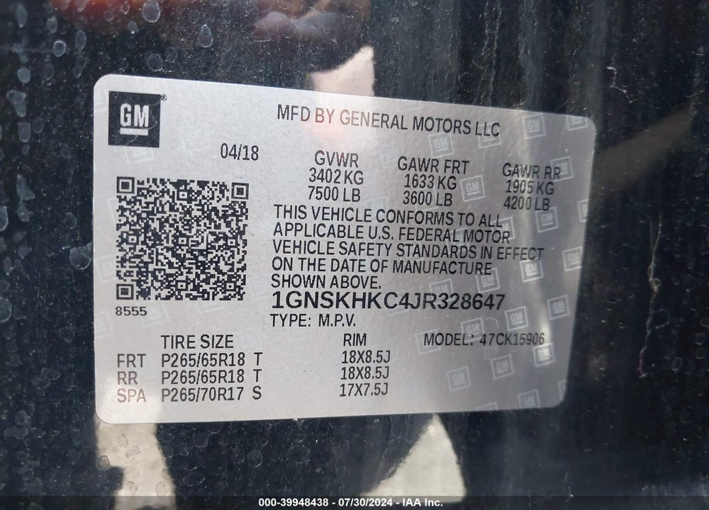 2018 CHEVROLET SUBURBAN LT VIN: 1GNSKHKC4JR328647
