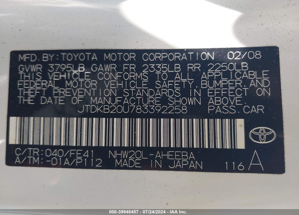2008 TOYOTA PRIUS STANDARD/TOURING VIN: JTDKB20U783392258