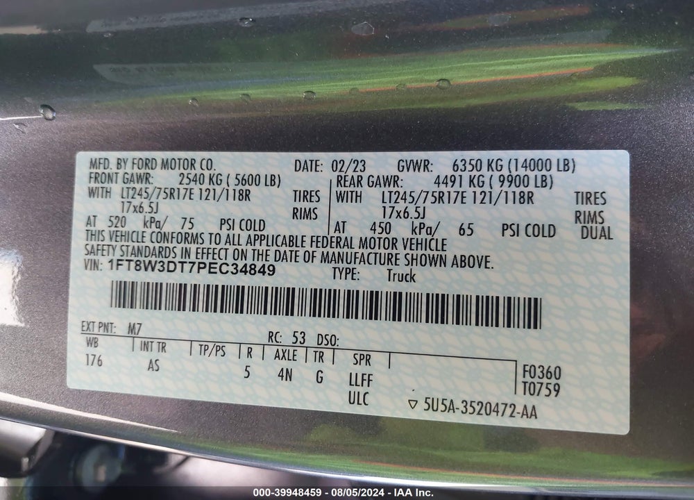 2023 FORD F-350 XL VIN: 1FT8W3DT7PEC34849