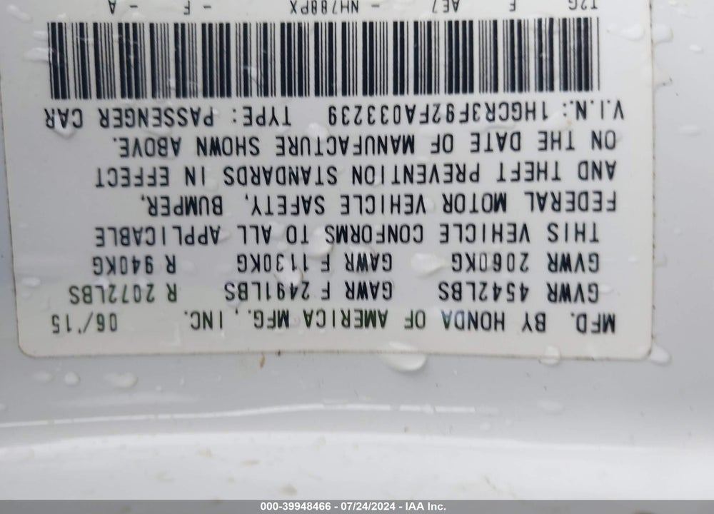 2015 HONDA ACCORD TOURING VIN: 1HGCR3F92FA033239