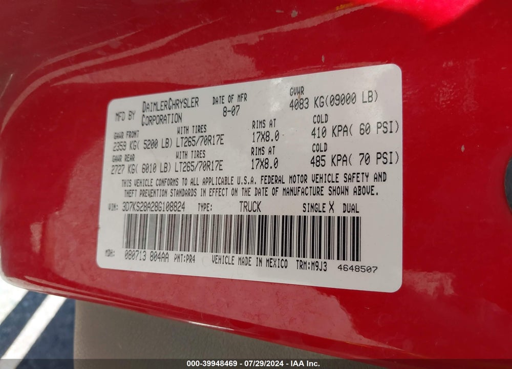 2008 DODGE RAM 2500 SLT VIN: 3D7KS28A28G108824