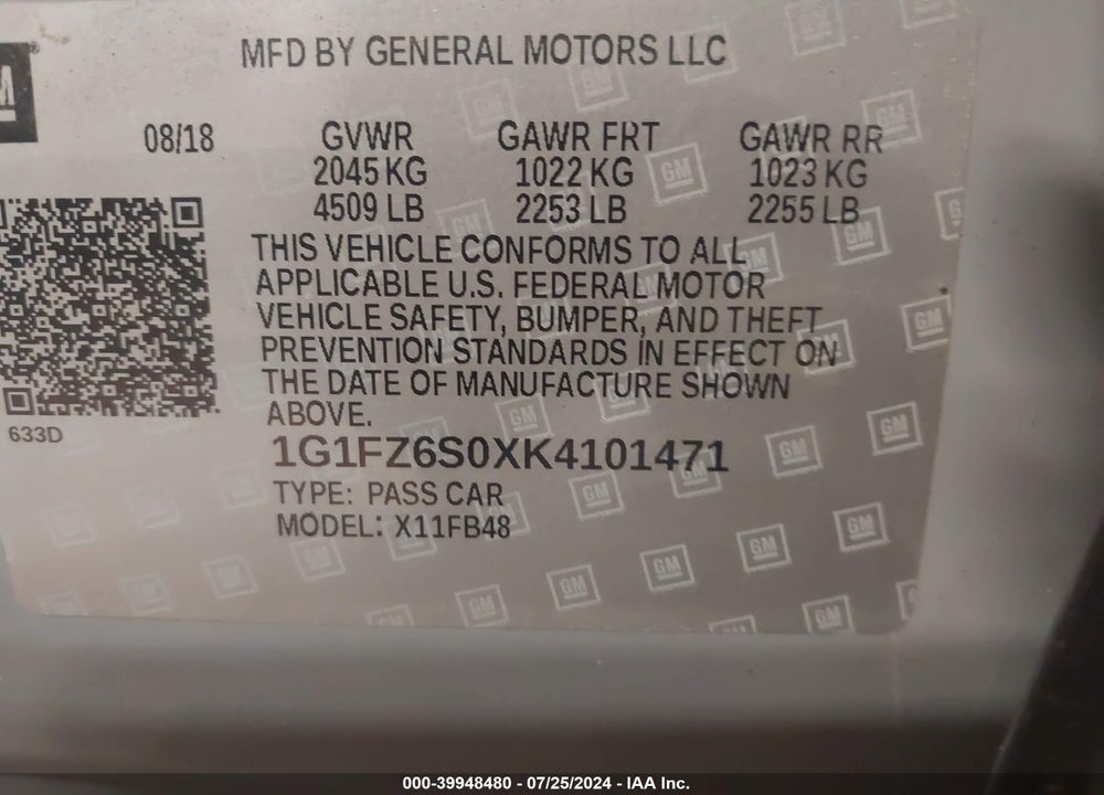 2019 CHEVROLET BOLT EV PREMIER VIN: 1G1FZ6S0XK4101471