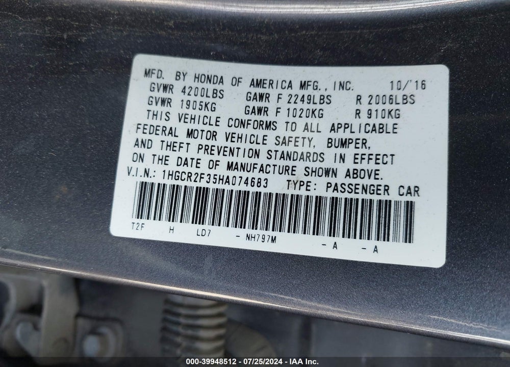 2017 HONDA ACCORD LX VIN: 1HGCR2F35HA074683