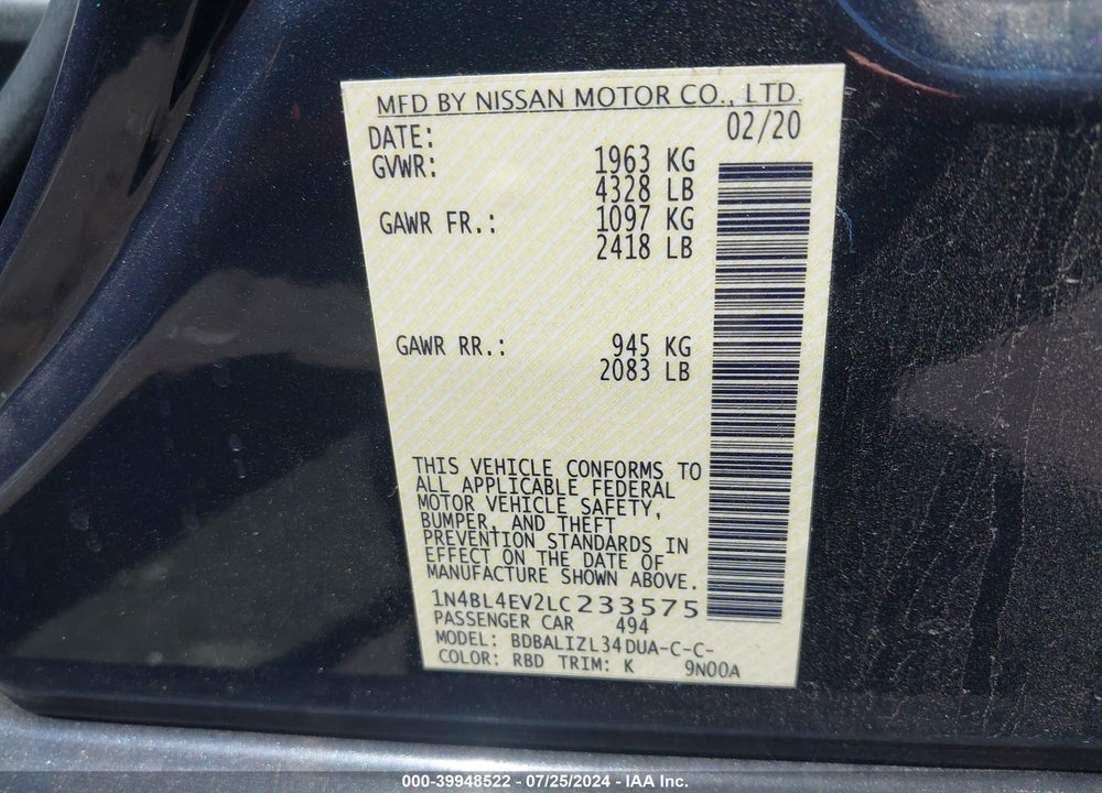 2020 NISSAN ALTIMA SL FWD VIN: 1N4BL4EV2LC233575