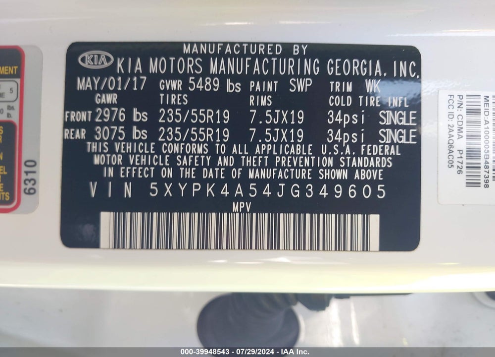 2018 KIA SORENTO VIN: 5XYPK4A54JG349605