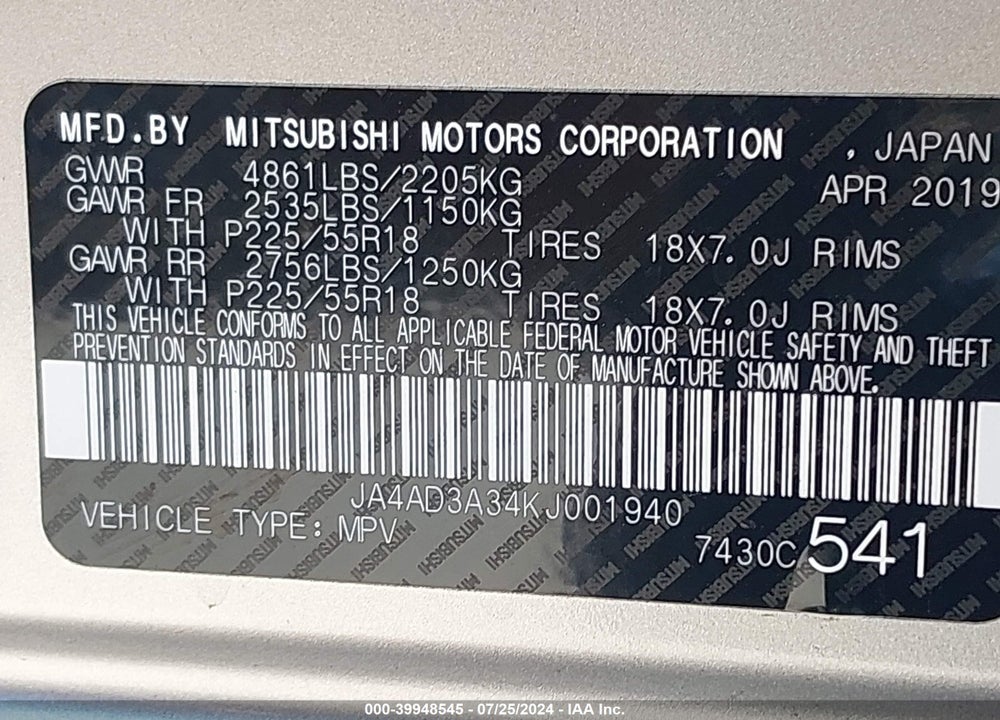 2019 MITSUBISHI OUTLANDER SE VIN: JA4AD3A34KJ001940