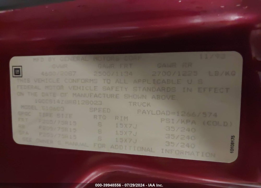 1994 CHEVROLET S TRUCK S10 VIN: 1GCCS14Z8R8128023