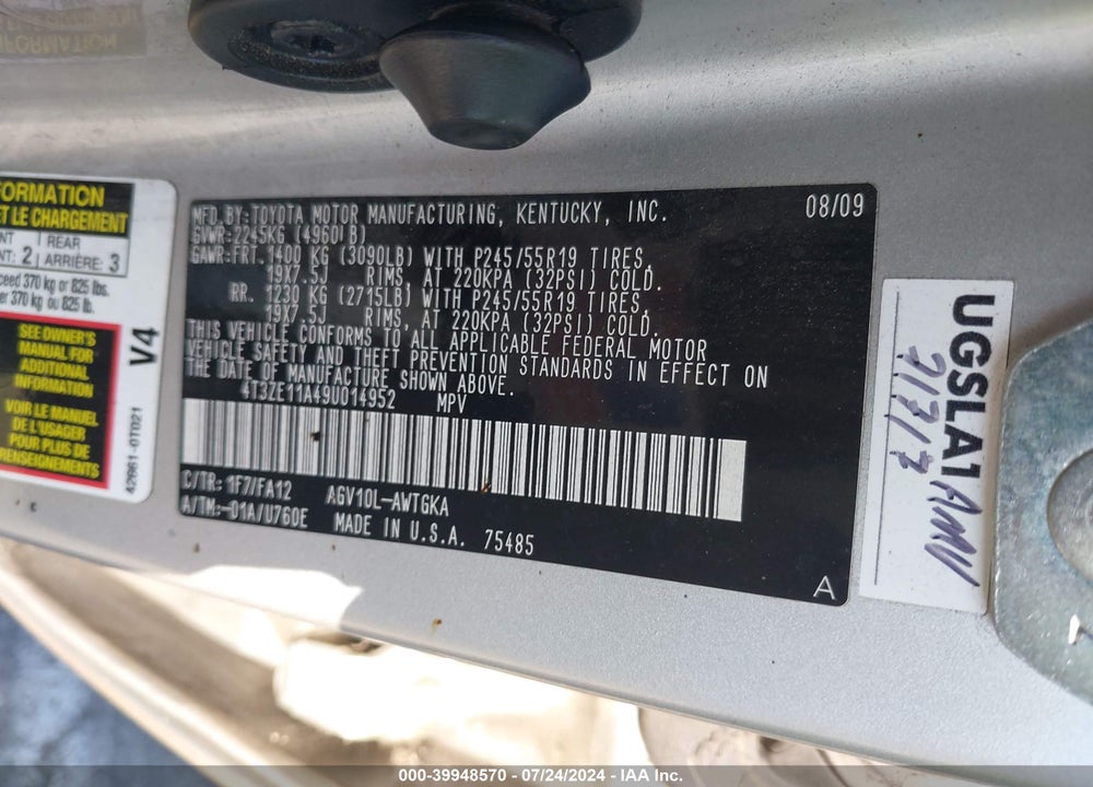 2009 TOYOTA VENZA VIN: 4T3ZE11A49U014952