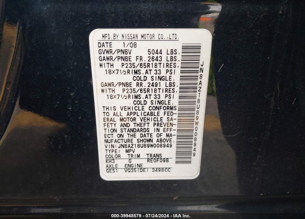2009 NISSAN MURANO S/SL VIN: JN8AZ18U89W008949