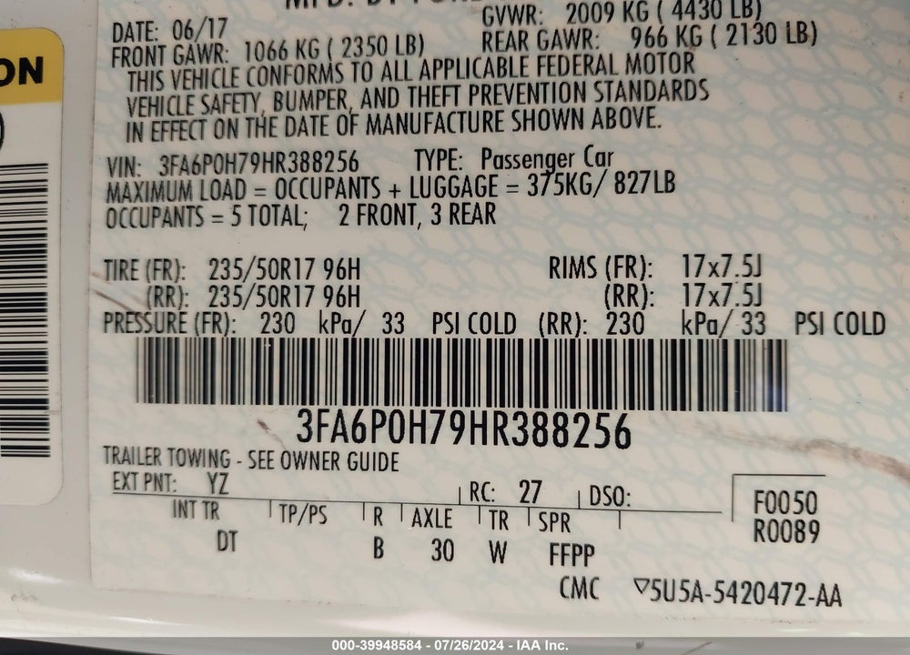 2017 FORD FUSION SE VIN: 3FA6P0H79HR388256