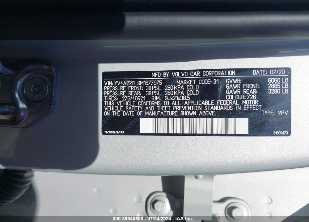 2021 VOLVO XC90 T6 INSCRIPTION 7 PASSENGER VIN: YV4A22PL9M1677975