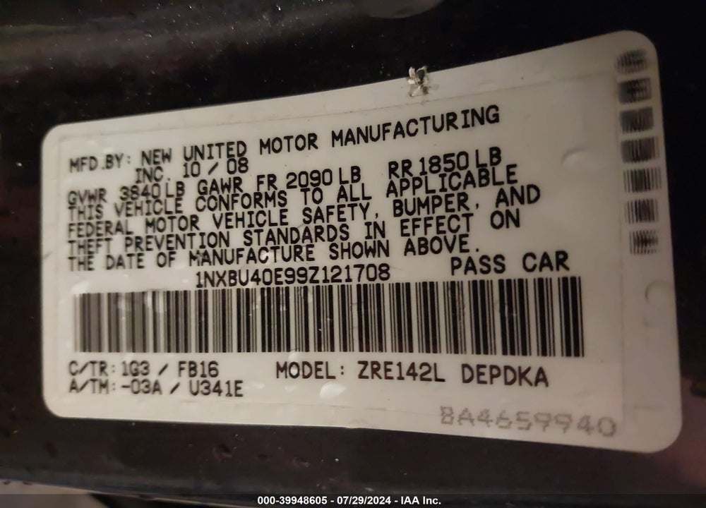 2009 TOYOTA COROLLA VIN: 1NXBU40E99Z121708