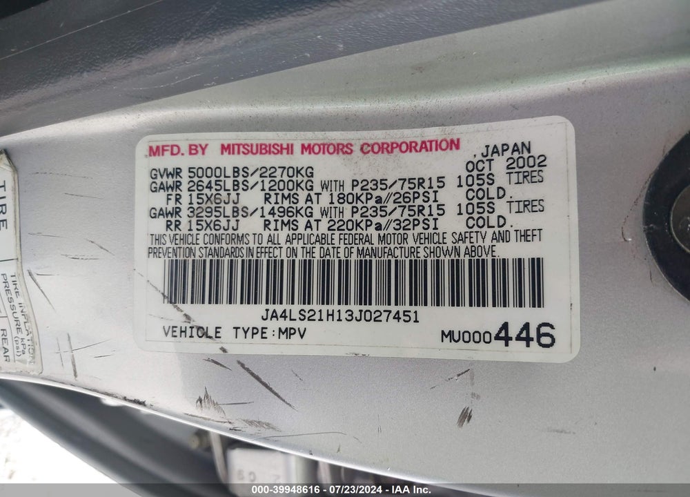 2003 MITSUBISHI MONTERO SPORT ES/LS VIN: JA4LS21H13J027451