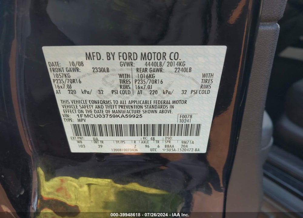 2009 FORD ESCAPE XLT VIN: 1FMCU03759KA59925