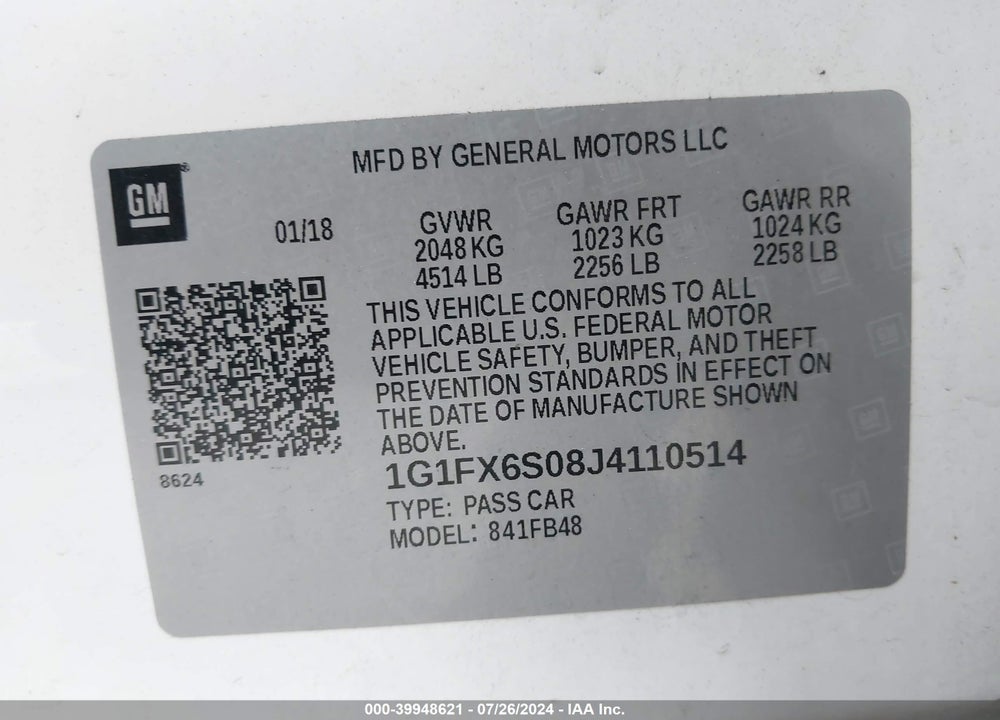 2018 CHEVROLET BOLT EV PREMIER VIN: 1G1FX6S08J4110514