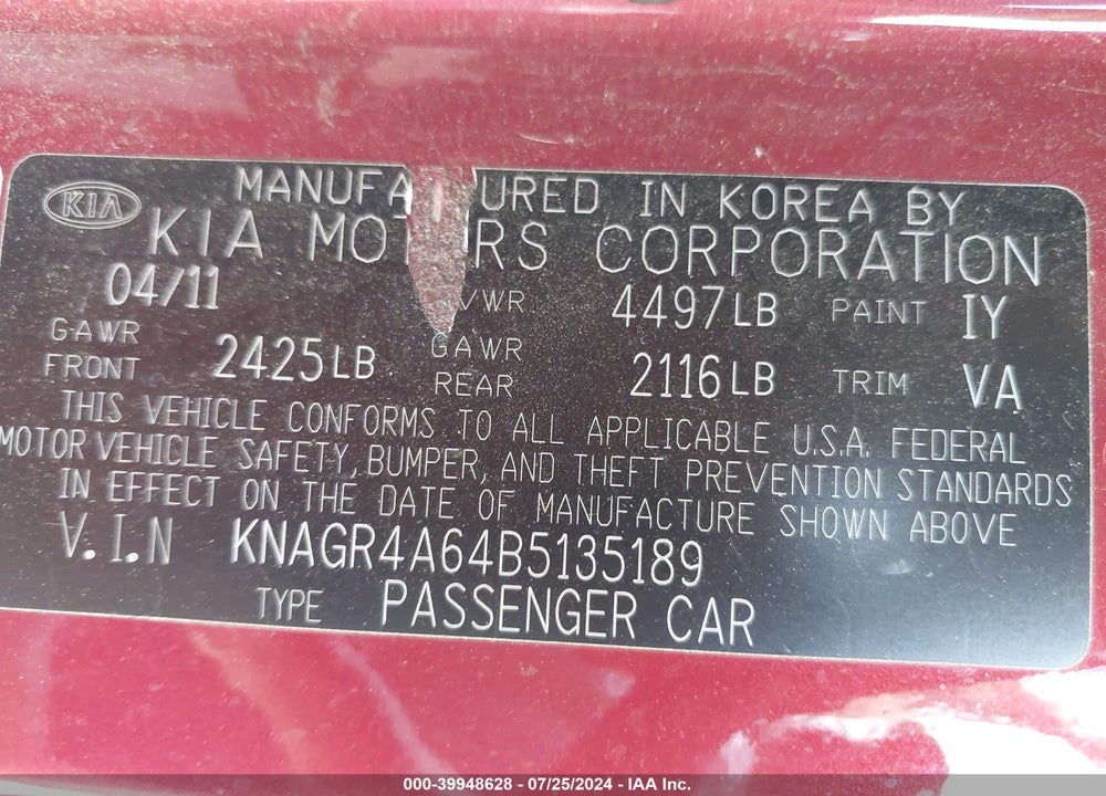 2011 KIA OPTIMA SX VIN: KNAGR4A64B5135189