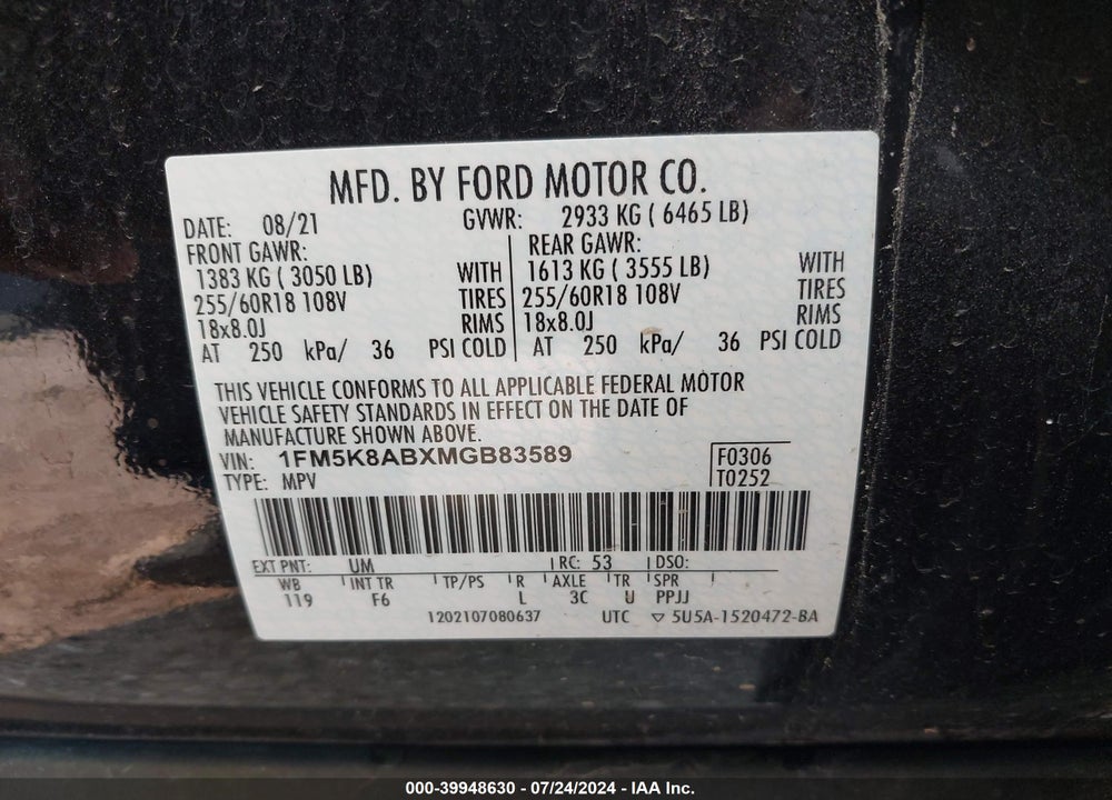 2021 FORD POLICE INTERCEPTOR UTILITY VIN: 1FM5K8ABXMGB83589