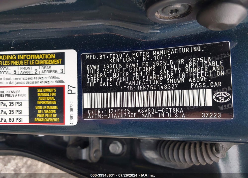 2016 TOYOTA CAMRY LE/SE/XLE/XSE VIN: 4T1BF1FK7GU148327