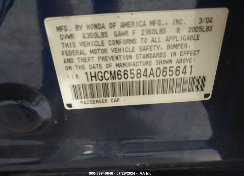 2004 HONDA ACCORD VIN: 1HGCM66584A065641