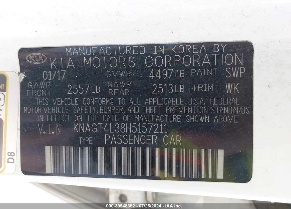 2017 KIA OPTIMA LX VIN: KNAGT4L38H5157211