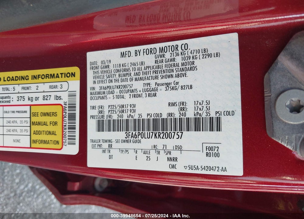 2019 FORD FUSION HYBRID SE VIN: 3FA6P0LU7KR200757