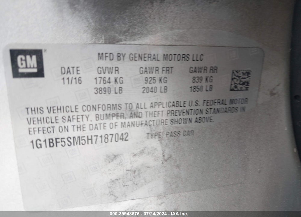 2017 CHEVROLET CRUZE VIN: 1G1BF5SM5H7187042