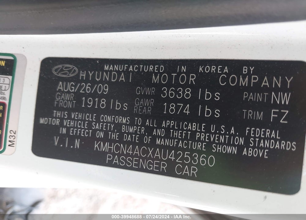 2010 HYUNDAI ACCENT GLS VIN: KMHCN4ACXAU425360