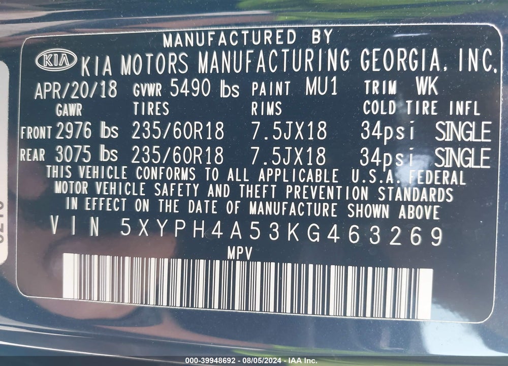 2019 KIA SORENTO 3.3L EX VIN: 5XYPH4A53KG463269