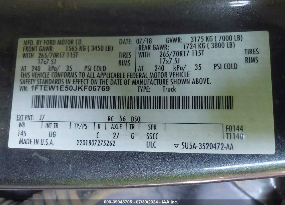 2018 FORD F-150 XLT VIN: 1FTEW1E50JKF06769