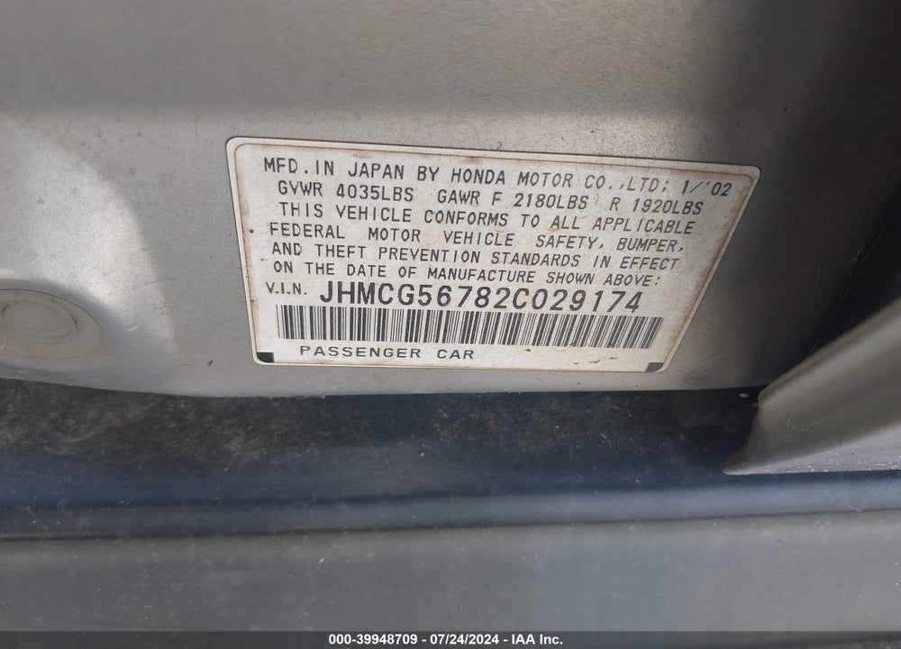 2002 HONDA ACCORD 2.3 SE VIN: JHMCG56782C029174