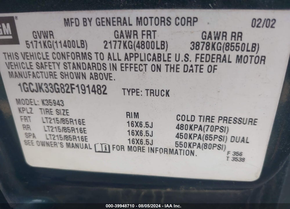 2002 CHEVROLET SILVERADO 3500 LS VIN: 1GCJK33G82F191482