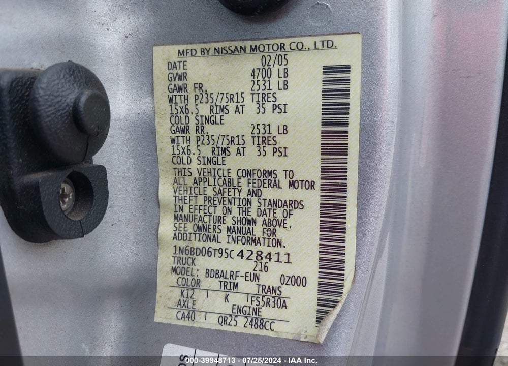 2005 NISSAN FRONTIER XE VIN: 1N6BD06T95C428411