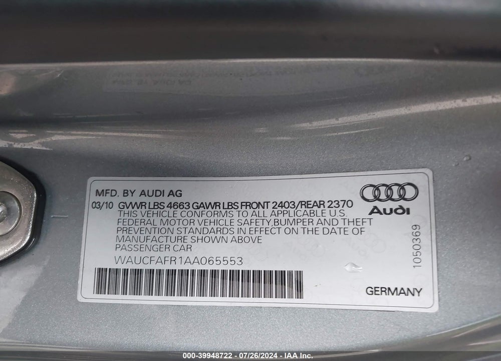 2010 AUDI A5 2.0T PREMIUM VIN: WAUCFAFR1AA065553