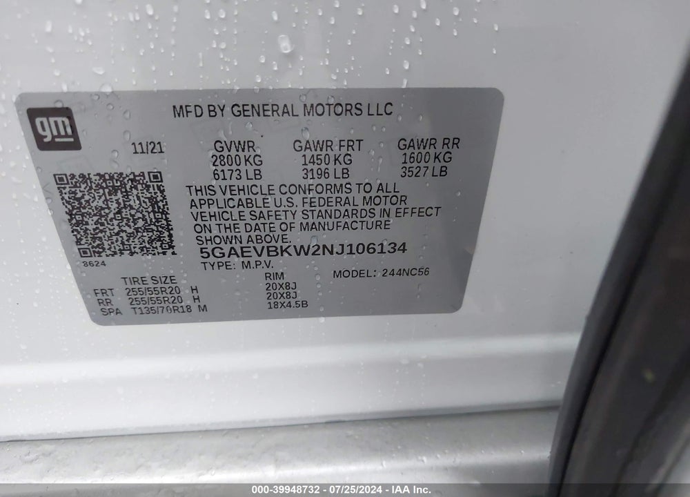 2022 BUICK ENCLAVE AWD PREMIUM VIN: 5GAEVBKW2NJ106134