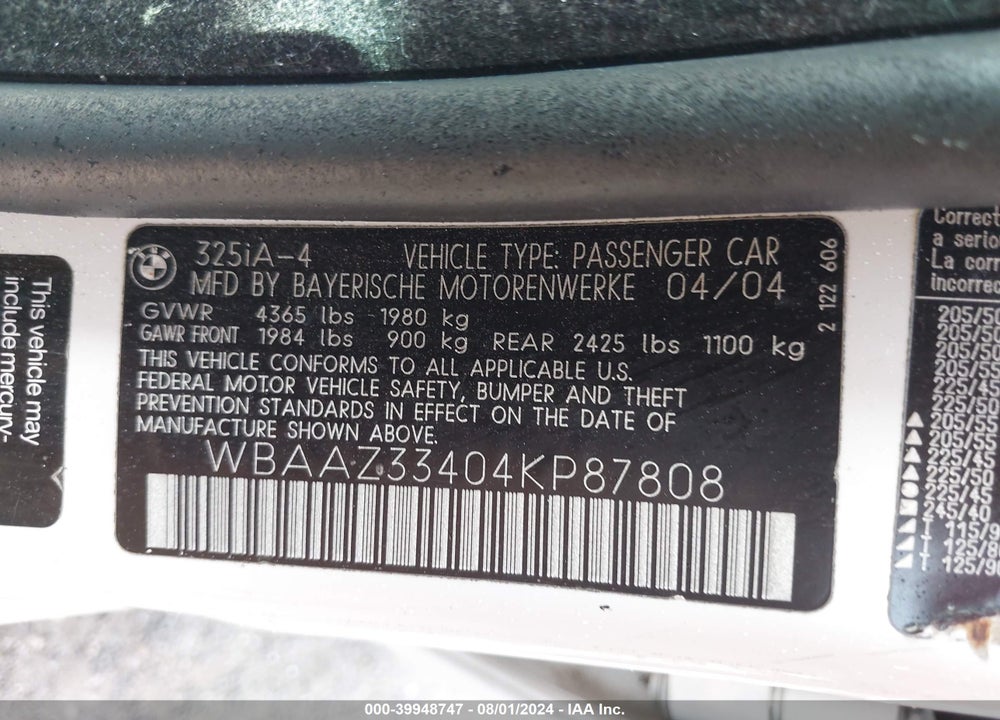 2004 BMW 325I VIN: WBAAZ33404KP87808