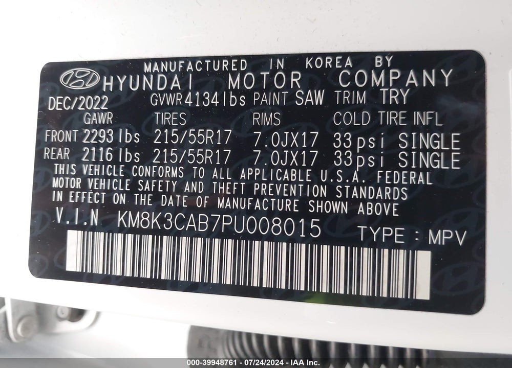 2023 HYUNDAI KONA SEL VIN: KM8K3CAB7PU008015