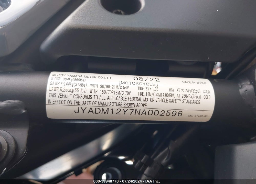 2022 YAMAHA XTZ690 VIN: JYADM12Y7NA002596