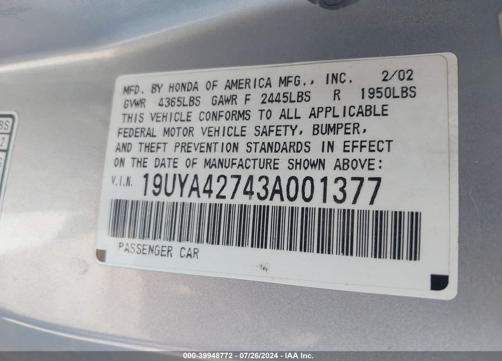 2003 ACURA CL 3.2 TYPE S VIN: 19UYA42743A001377