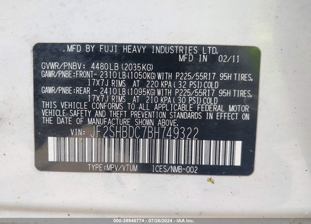 2011 SUBARU FORESTER 2.5X PREMIUM VIN: JF2SHBDC7BH749322
