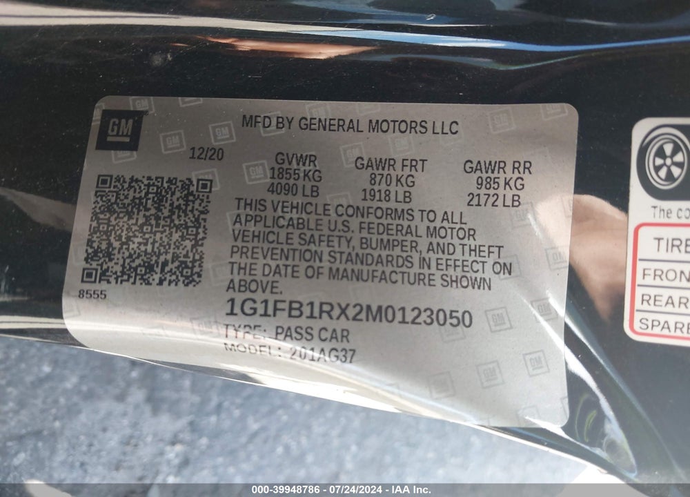 2021 CHEVROLET CAMARO RWD 1LT VIN: 1G1FB1RX2M0123050