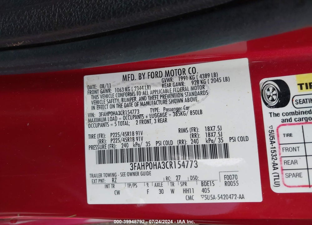 2012 FORD FUSION SE VIN: 3FAHP0HA3CR154773