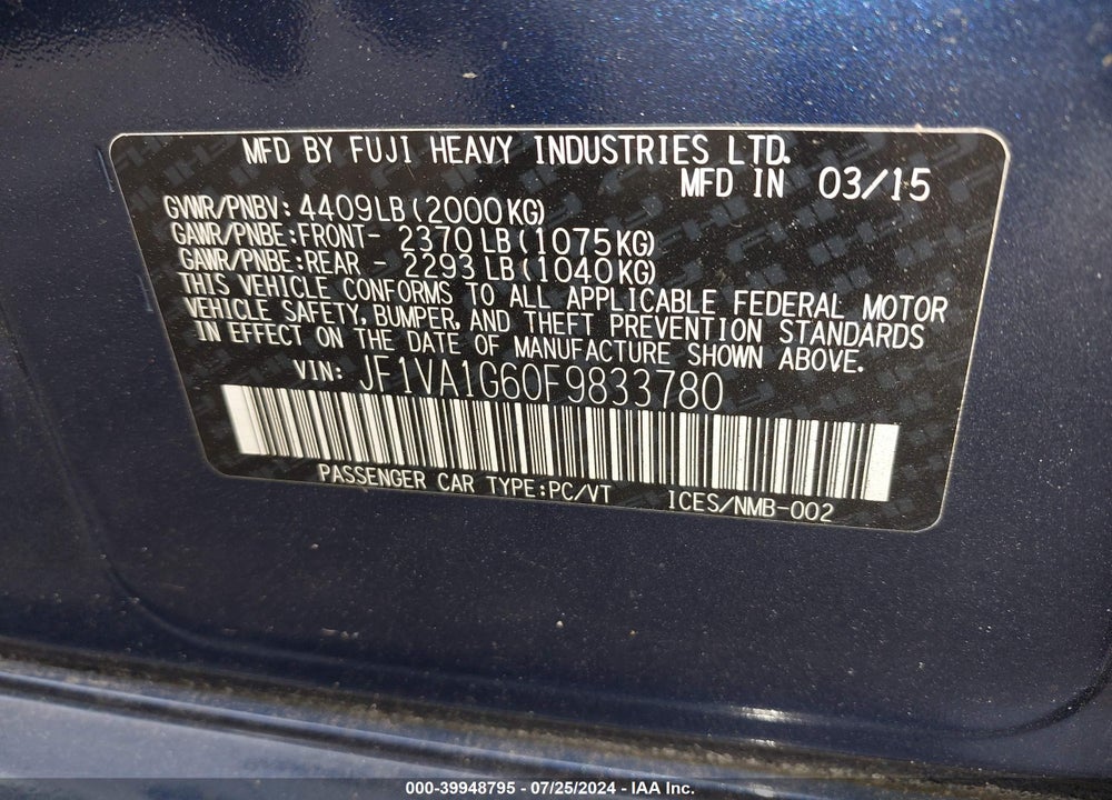 2015 SUBARU WRX LIMITED VIN: JF1VA1G60F9833780