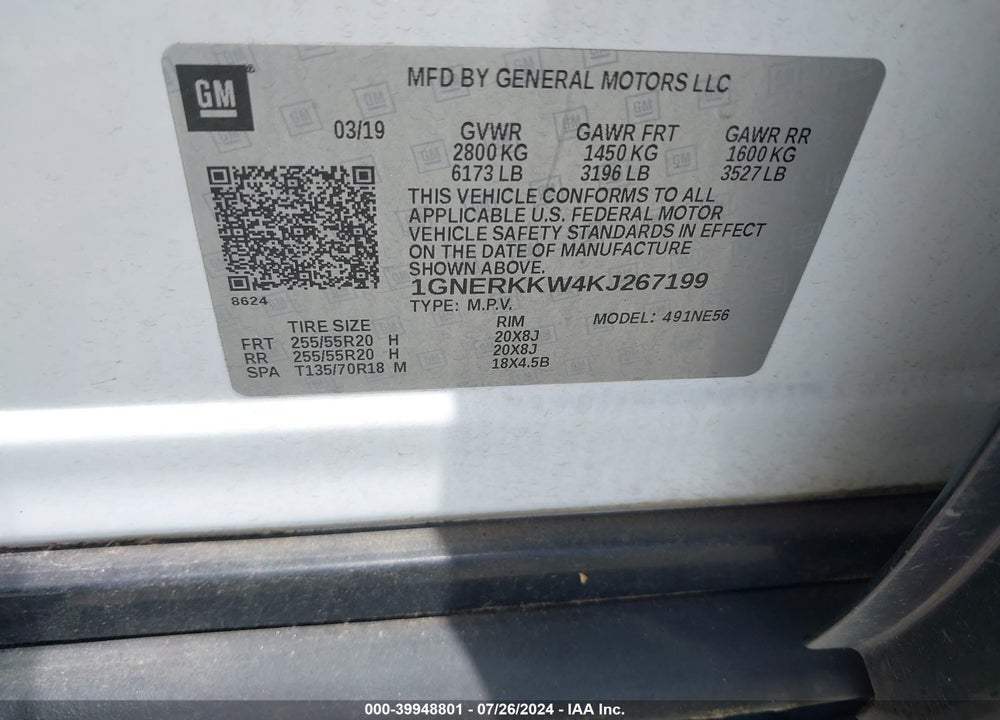 2019 CHEVROLET TRAVERSE PREMIER VIN: 1GNERKKW4KJ267199