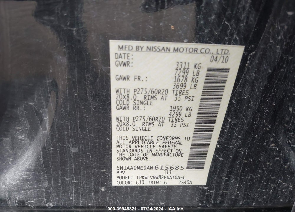 2010 NISSAN ARMADA PLATINUM/SE/TITANIUM VIN: 5N1AA0NE0AN615685
